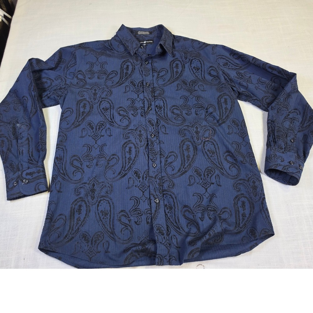 Beverly Hills Polo Club Men Large Blue Pinstripe Black Paisley Button Down Shirt